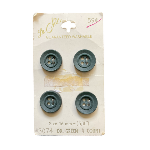 Vintage 3074 Le Chic 5/8 Dark Green 4 Hole Buttons 4 on Button Card