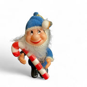 Vintage Blue Elf Flocked Christmas Ornament Candy Cane Gnome