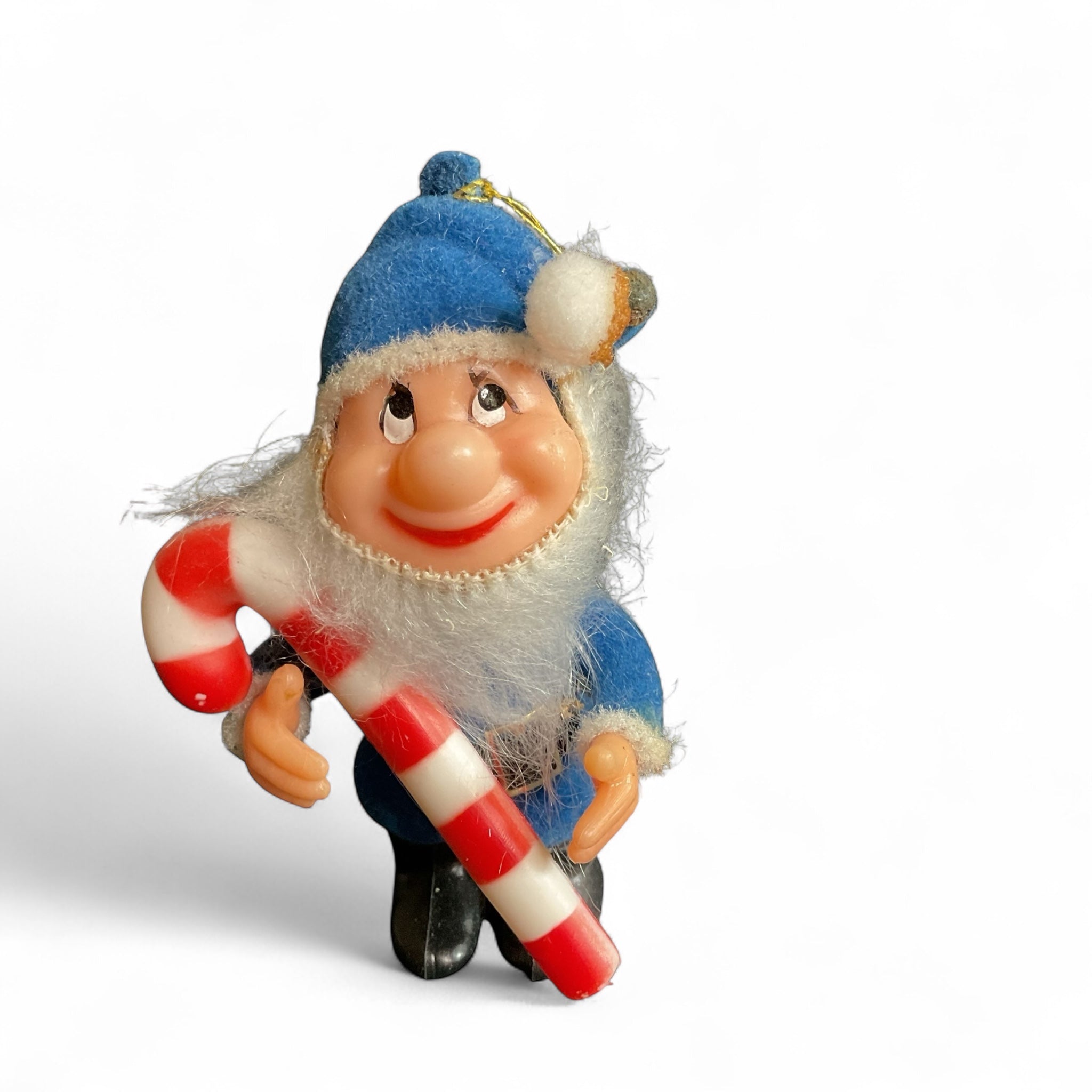 Vintage Blue Elf Flocked Christmas Ornament Candy Cane Gnome