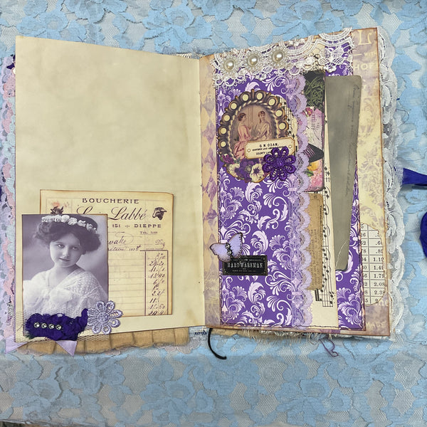 Handmade Victorian Junk Journal Purple Themed Tags Pockets Lace OOAK
