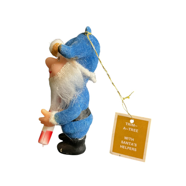 Vintage Blue Elf Flocked Christmas Ornament Candy Cane Gnome