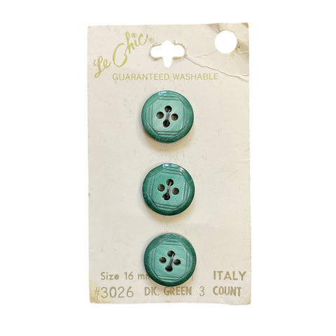 Vintage 3026 Le Chic 5/8 Dark Green Shiny 4 Hole Buttons 3 on Button Card