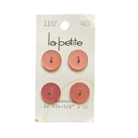 Vintage 1107 La Petite 5/8 Pastel Pink Plastic 2 Hole Buttons 4 on Button Card