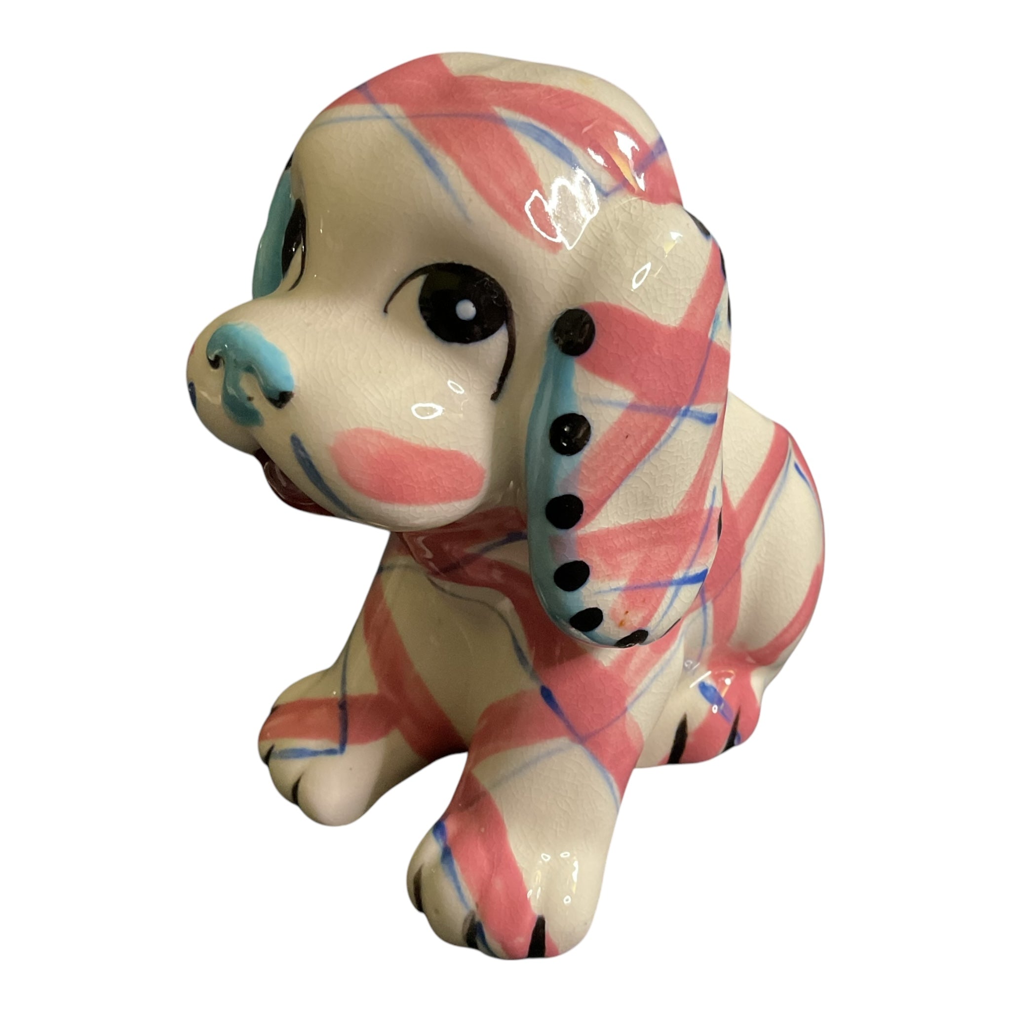 Vintage Pink and Blue Plaid Puppy Dog Ceramic Planter Marilyn Exclusive
