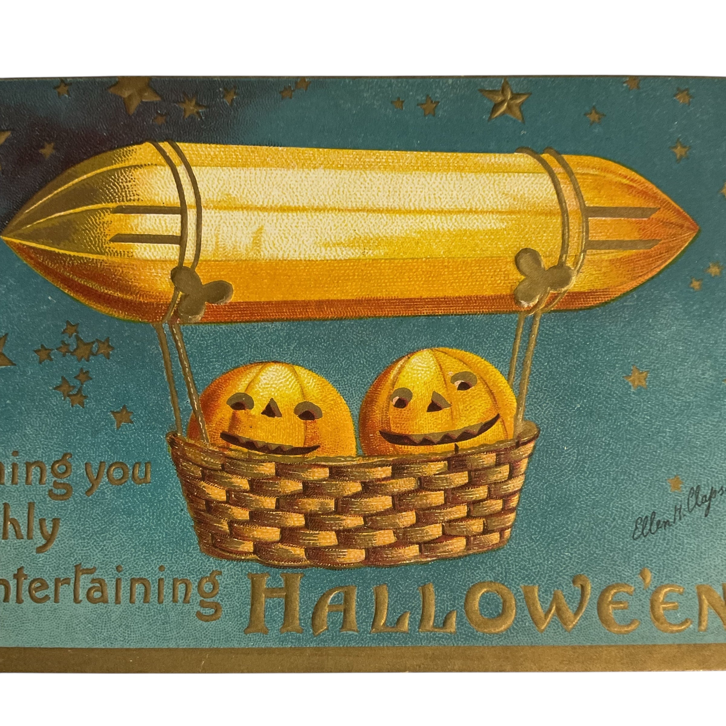 Antique Clapsaddle Halloween Postcard Blimp Airship Jack O Lanterns