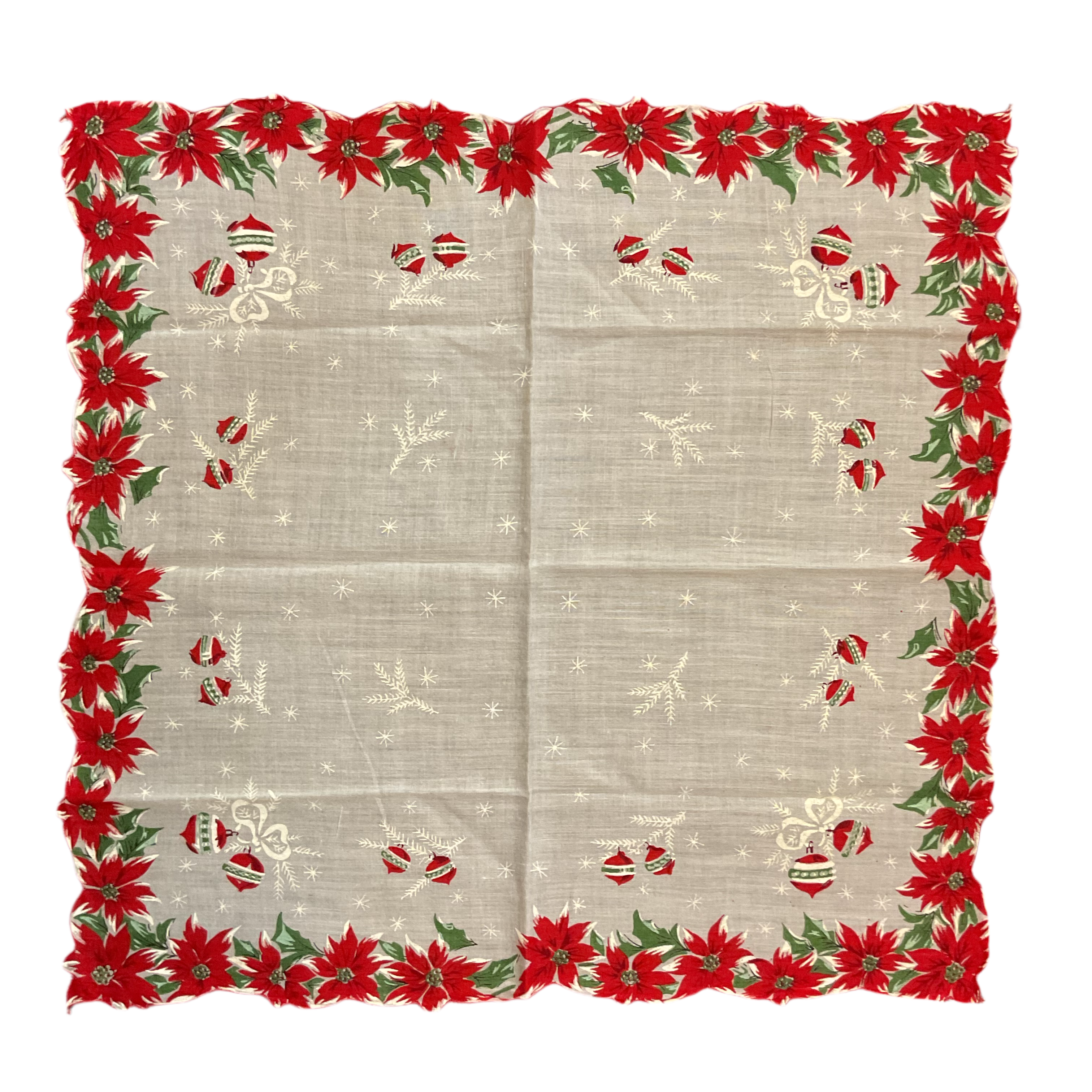 Vintage Christmas Ornaments Hankie Red Poinsettia Border Ladies Handkerchief