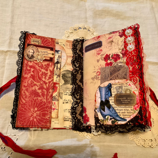 Victorian Junk Journal Handmade Red and Black Themed Tags Pockets OOAK