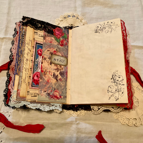 Victorian Junk Journal Handmade Red and Black Themed Tags Pockets OOAK