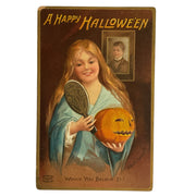 Clapsaddle Halloween Antique Postcard Girl with Mirror and Jack O Lantern