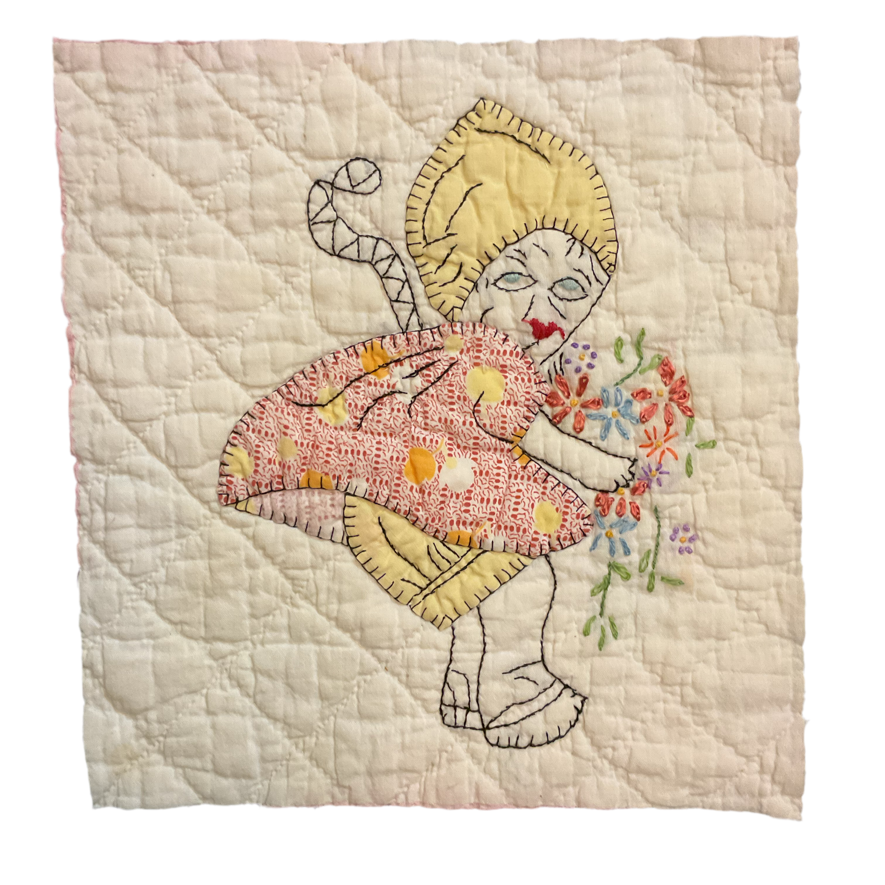 Vintage Embroidered Quilt Block Little Dutch Girl or Brownie Girl Yellows 10 1/2 x 11