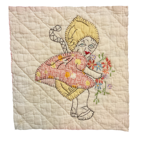 Vintage Embroidered Quilt Block Little Dutch Girl or Brownie Girl Yellows 10 1/2 x 11