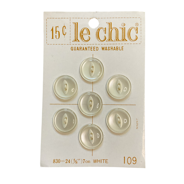 Vintage 109 Le Chic 5/8 White 2 Hole Buttons 7 on Button Card