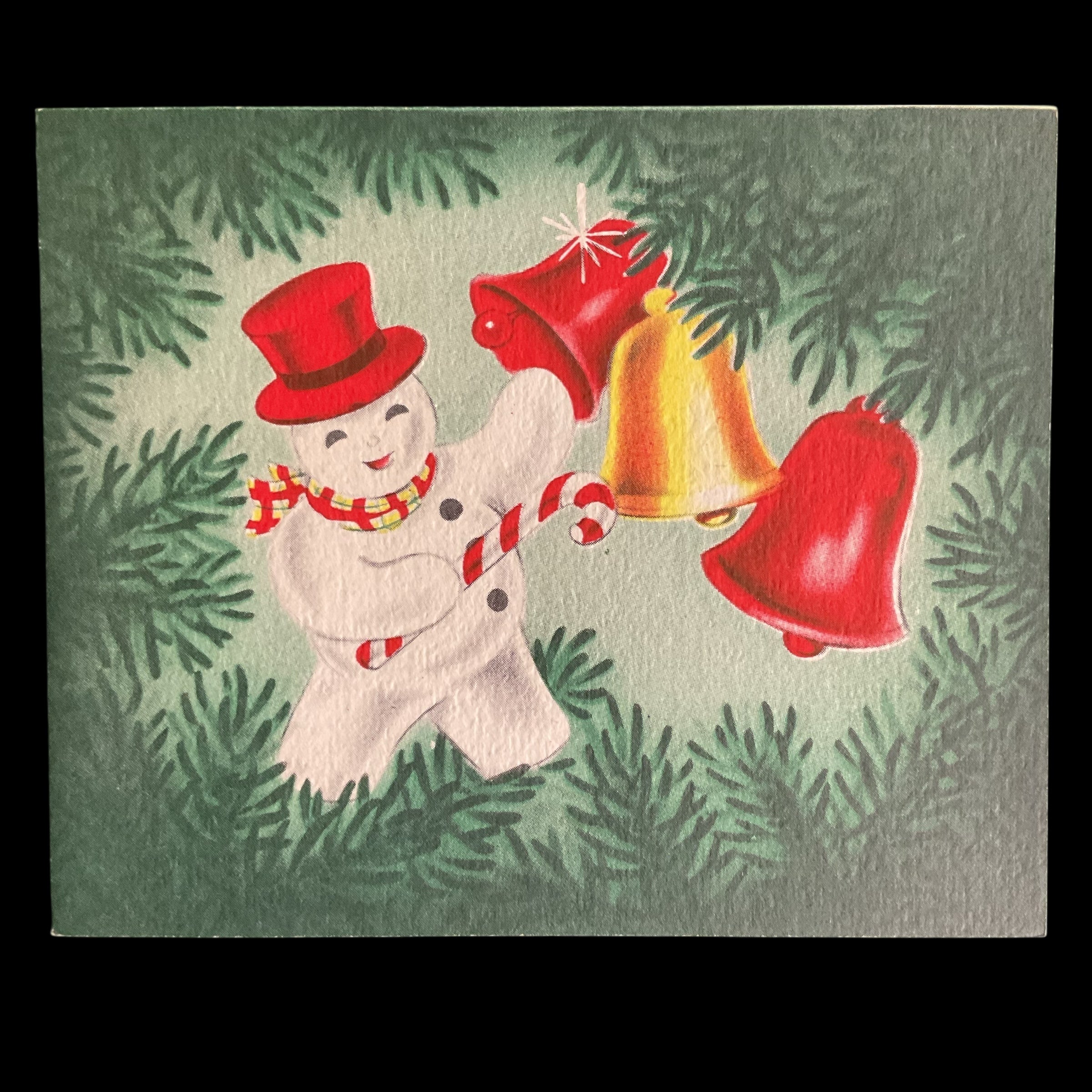 Vintage 1950s Norcross Christmas Card Snowman Candy Cane Bells USED