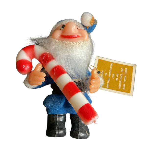 Vintage Blue Elf Flocked Christmas Ornament Candy Cane Gnome