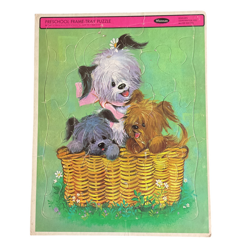 Vintage 1968 Whitman Frame Tray Puzzle 4558 Cute Puppies in a Basket