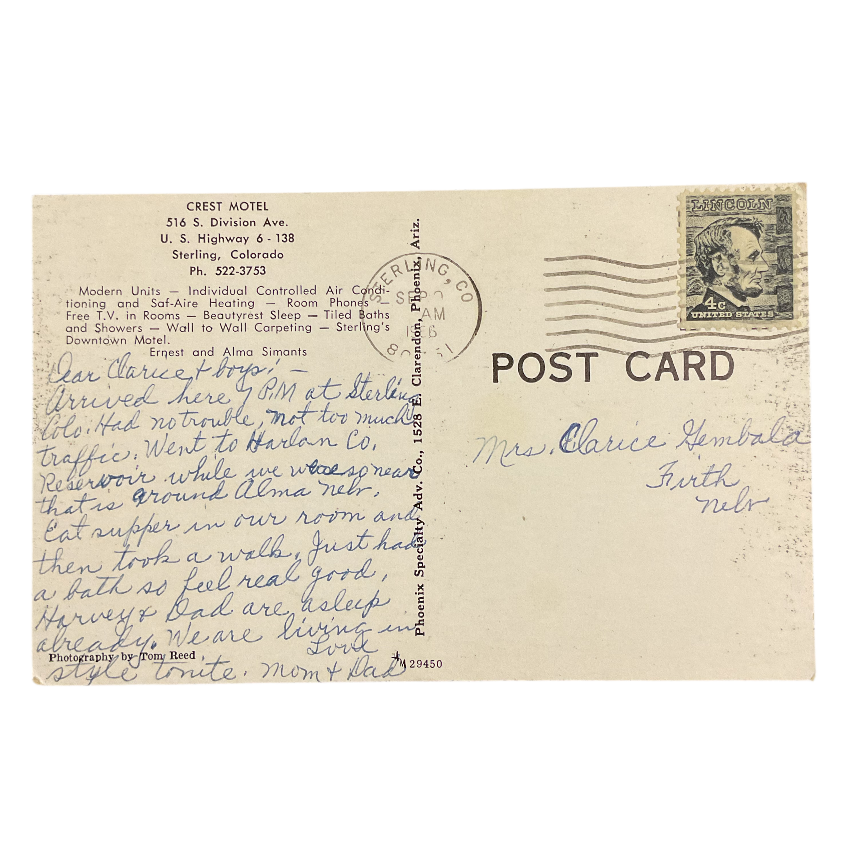 Vintage Postcard Crest Motel at Sterling Colorado