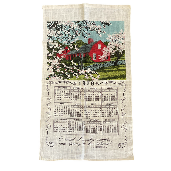 Vintage 1978 Calendar Tea Towel House Barn and Apple Blossoms
