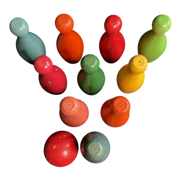 10 Miniature Vintage Wooden Bowling Pins and Ball Toys Game Pieces