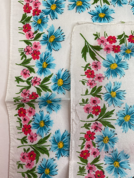 Vintage Hankie Blue Pink Red Floral Handkerchief