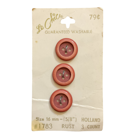 Vintage 5/8” Le Chic 1783 Rust 4 Hole Buttons 3 on Card