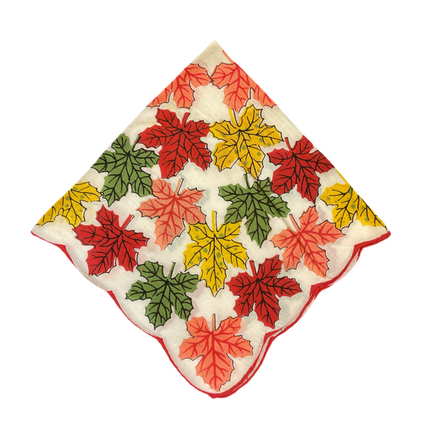 Vintage Hankie Colorful Fall Leaves on White Autumn Handkerchief