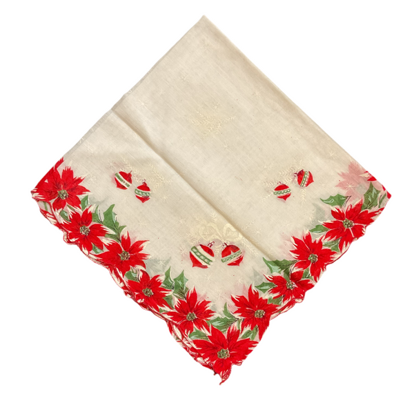 Vintage Christmas Ornaments Hankie Red Poinsettia Border Ladies Handkerchief