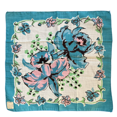 Vintage Ladies Handkerchief Blue and Pink Flowers on White Floral Printed Hankie with Tag