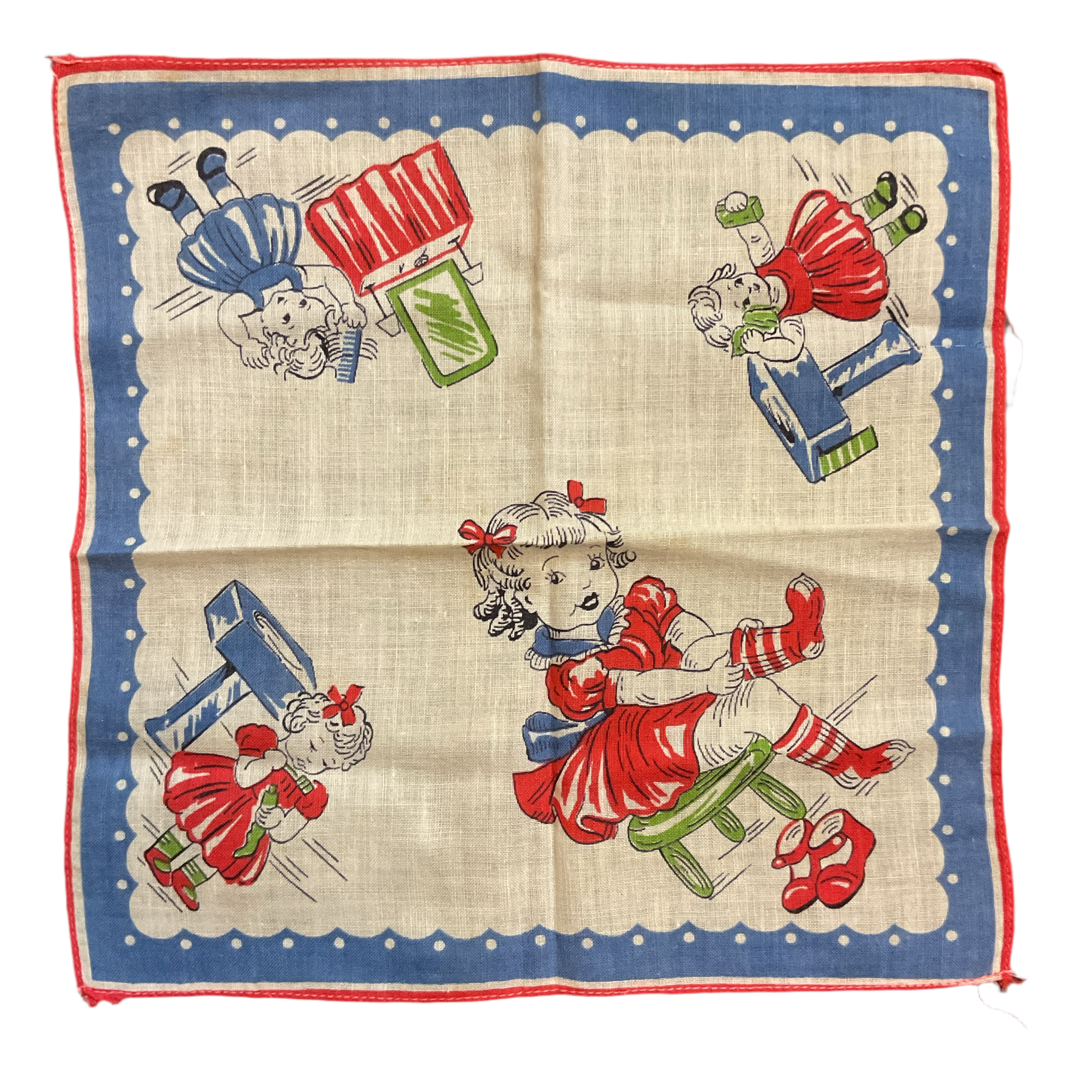 Vintage Childrens Hankie Little Girl Red Dress Handkerchief