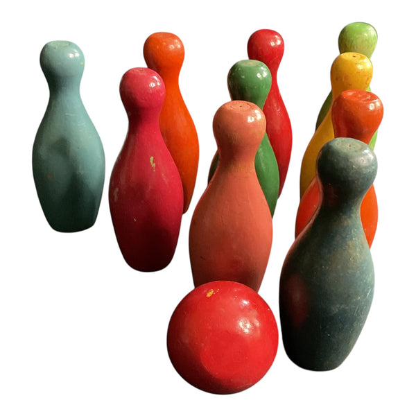 10 Miniature Vintage Wooden Bowling Pins and Ball Toys Game Pieces