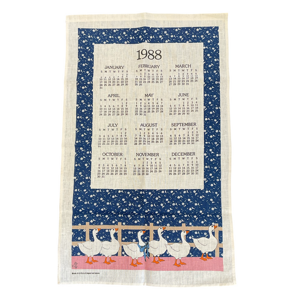 Vintage 1988 Calendar Tea Towel Geese Blue Border