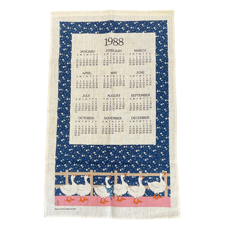Vintage 1988 Calendar Tea Towel Geese Blue Border