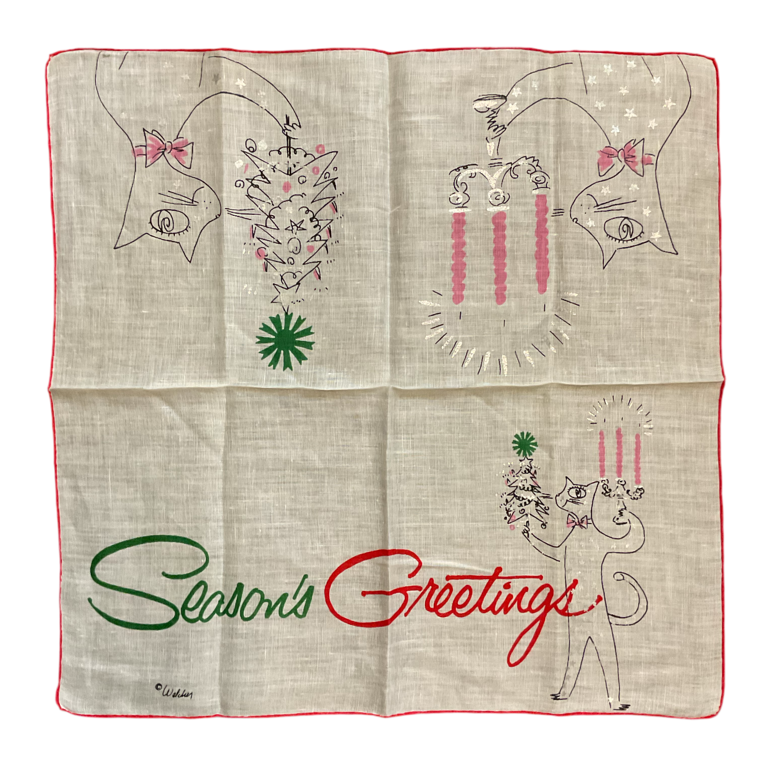 Vintage Christmas Hankie Welcher Anthropomorphic Cat Candles Tree Handkerchief - Avid Vintage