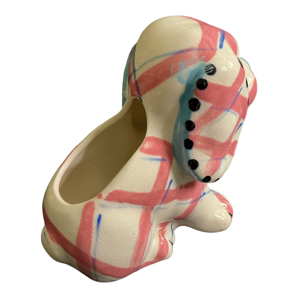 Vintage Pink and Blue Plaid Puppy Dog Ceramic Planter Marilyn Exclusive