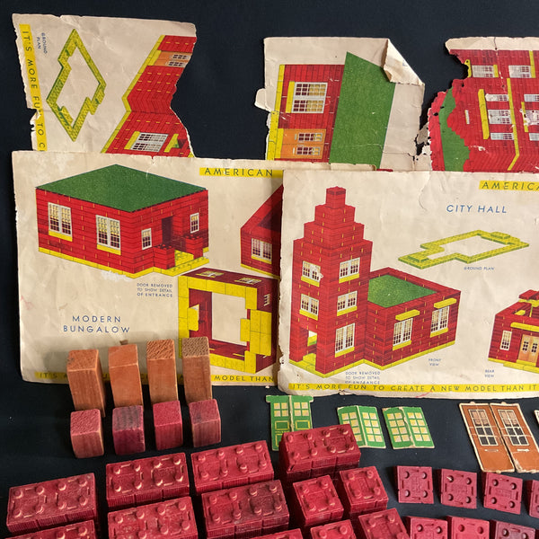 Halsam American Bricks Wooden Blocks Vintage 1940s Huge Lot Red and Yellow