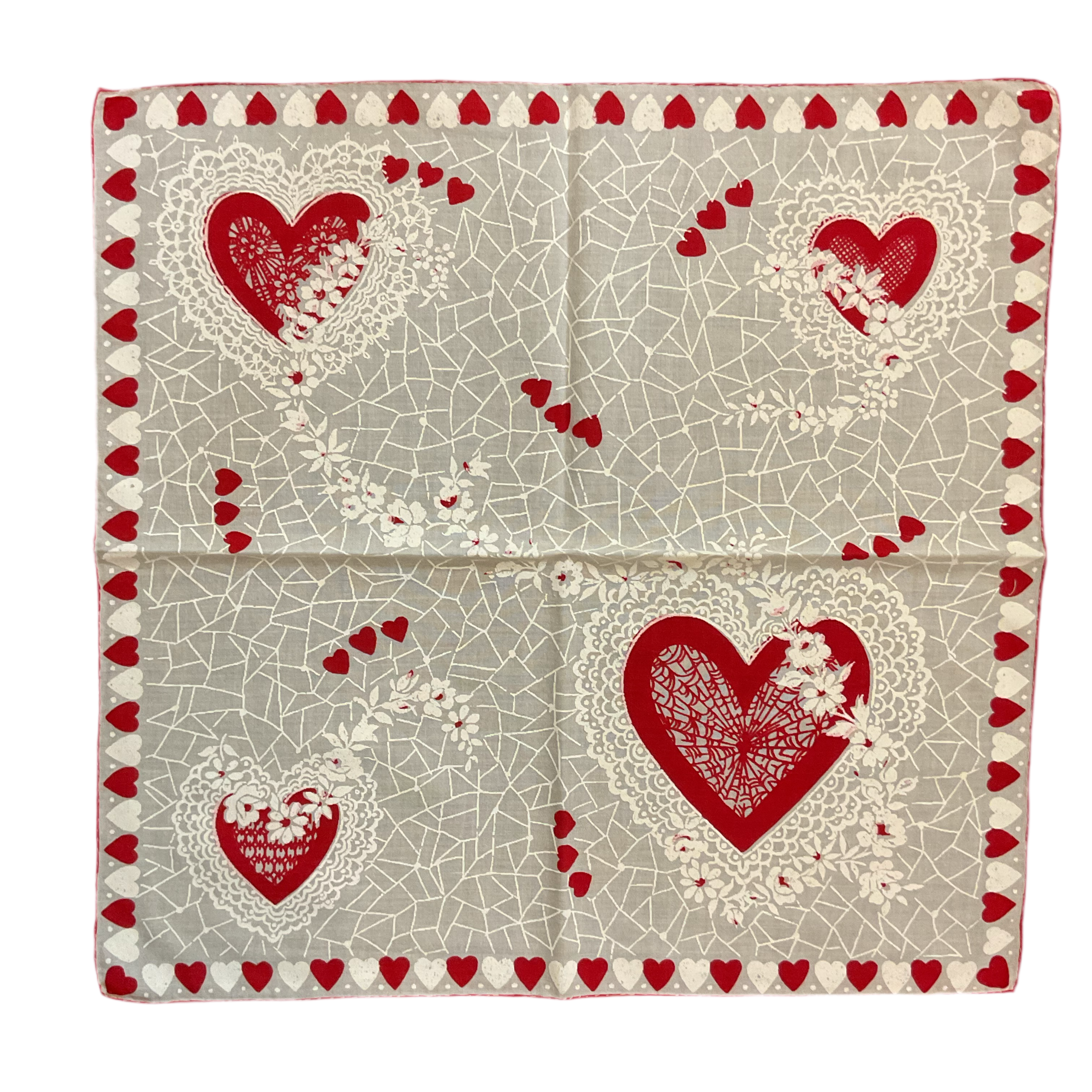 Vintage Valentine Hanky Red Heart Border White Flowers Ladies Handkerchief