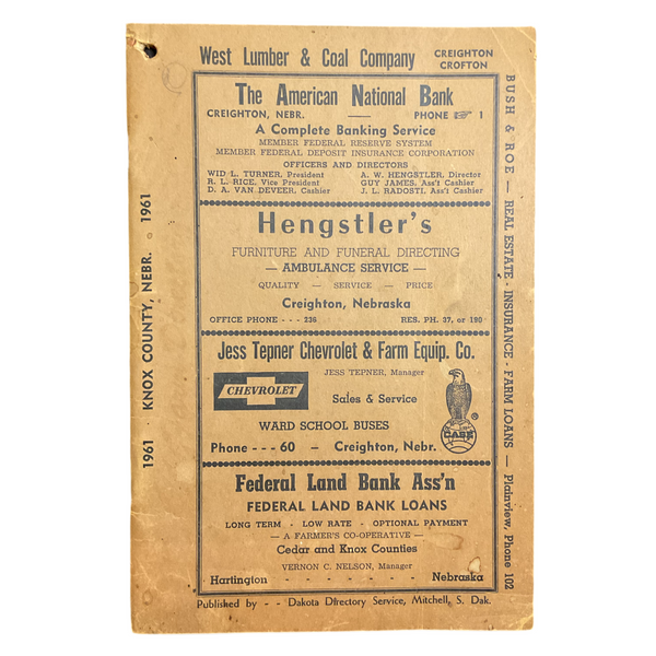 Vintage 1961 Knox County Nebraska Farm Directory Book