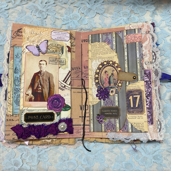 Handmade Victorian Junk Journal Purple Themed Tags Pockets Lace OOAK