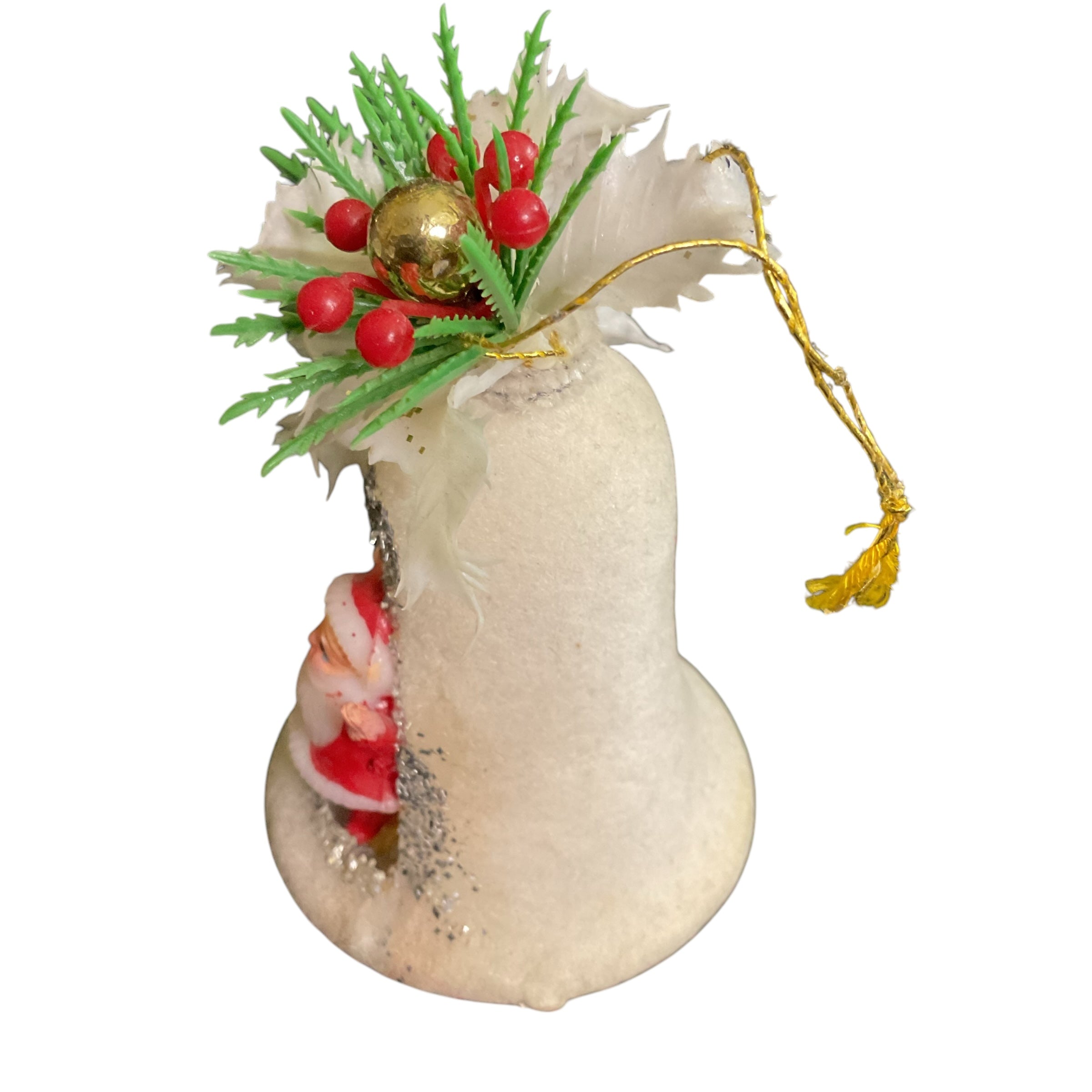 Vintage Christmas Santa Ornament White Plastic Flocked Bell Decoration with Holly - Avid Vintage