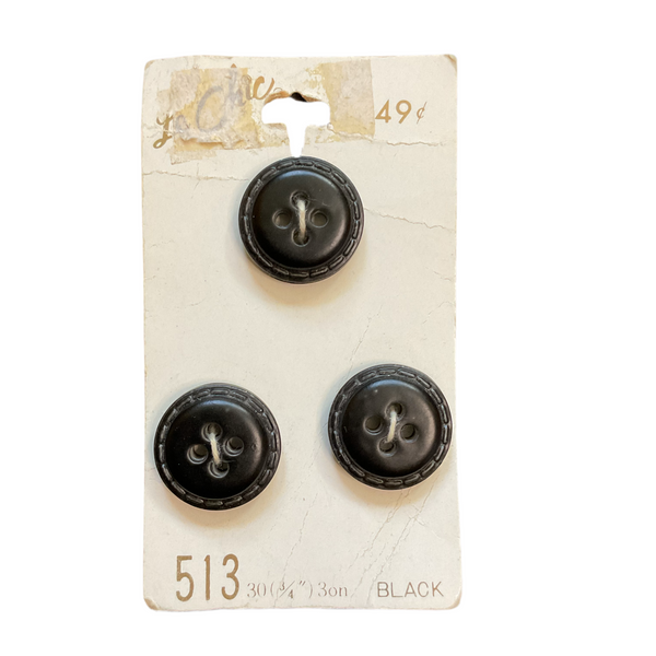 Vintage 513 Le Chic 3/4 Black Plastic 4 Hole Buttons 3 on Button Card