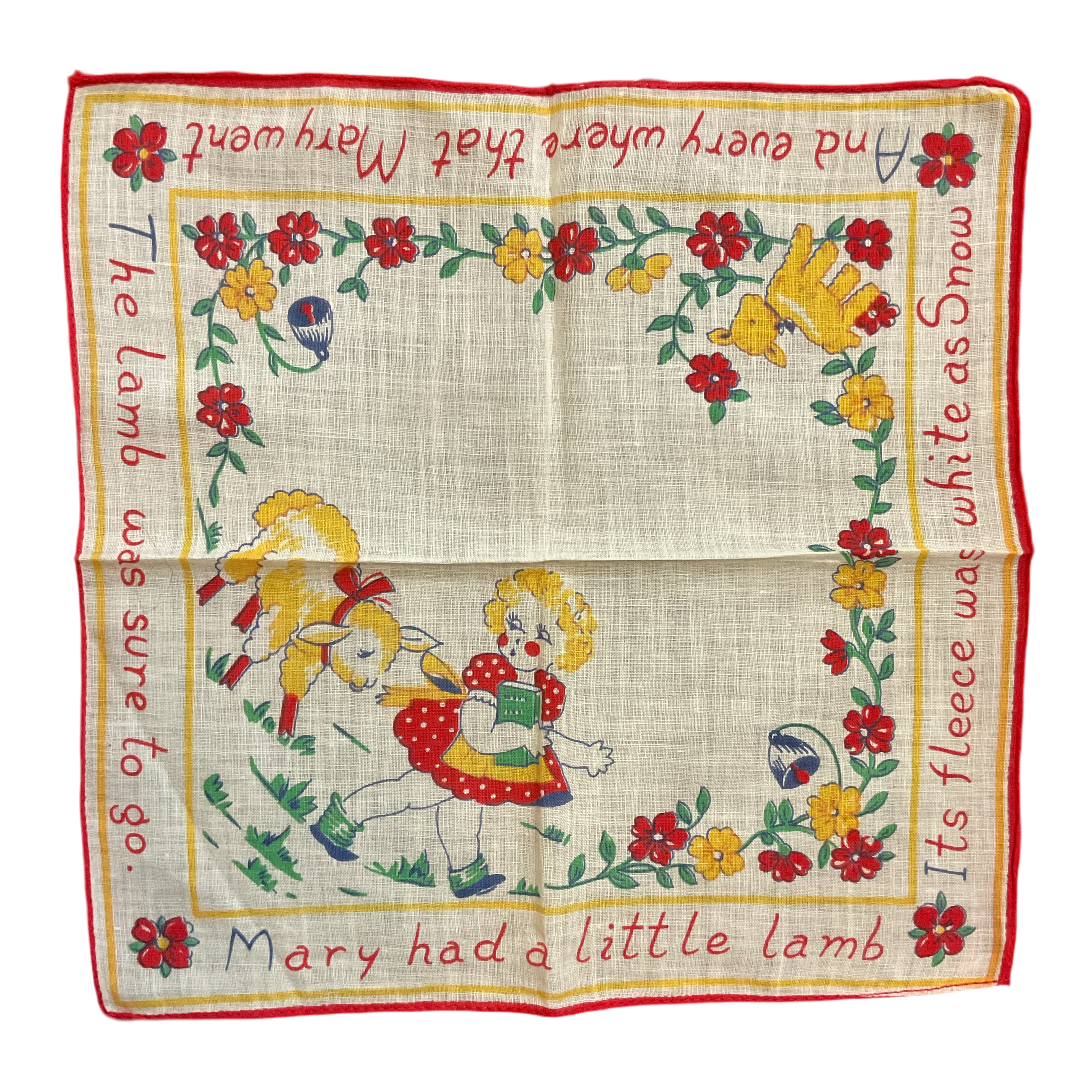 Vintage Childrens Hankie Mary Had a Little Lamb Handkerchief