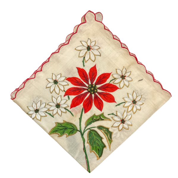 Vintage Christmas Handkerchief Scalloped Border Large Poinsettia Snowflakes Hankie
