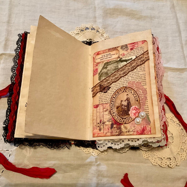 Victorian Junk Journal Handmade Red and Black Themed Tags Pockets OOAK