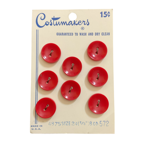 Vintage Buttons Red 2 Hole 572 Costumakers Size 24 Shiny Red 8 on Card