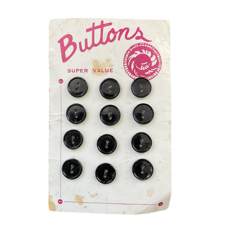 Vintage 5/8 Black 2 Hole Plastic Buttons 12 on Card