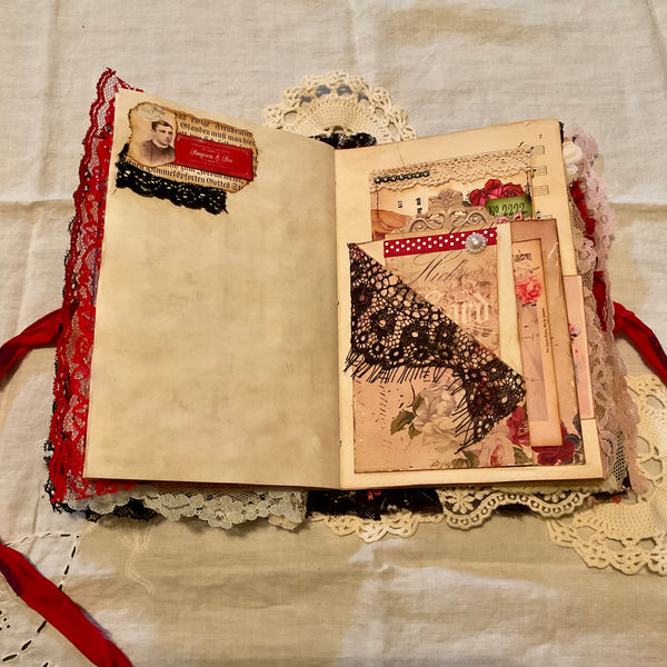 Victorian Junk Journal Handmade Red and Black Themed Tags Pockets OOAK