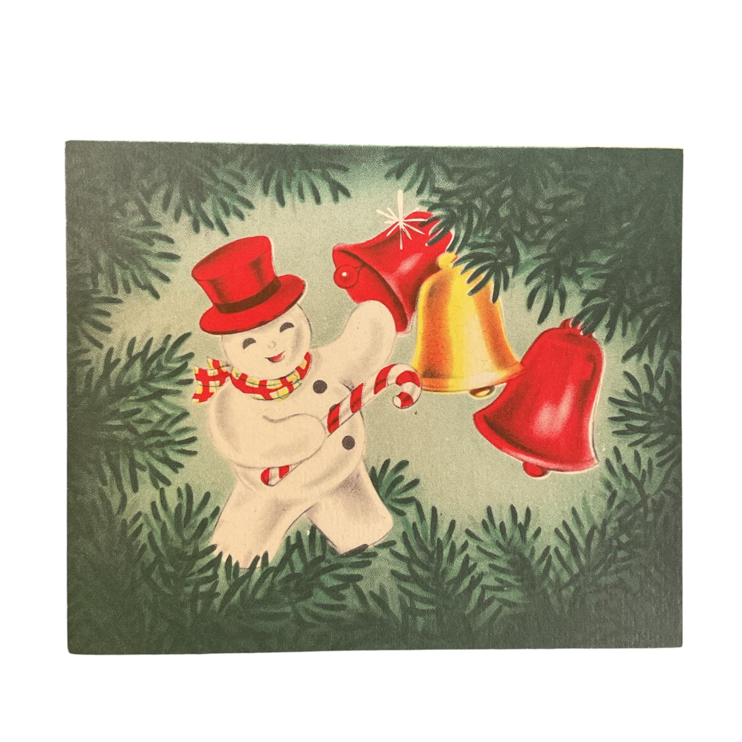 Vintage 1950s Norcross Christmas Card Snowman Candy Cane Bells USED
