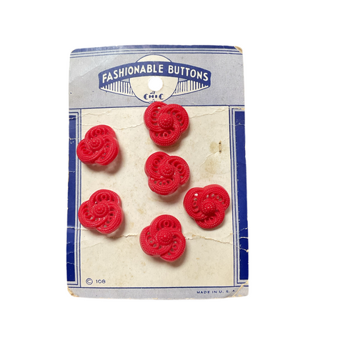 Vintage Le Chic Novelty Red Flower 6 Buttons on Original Card