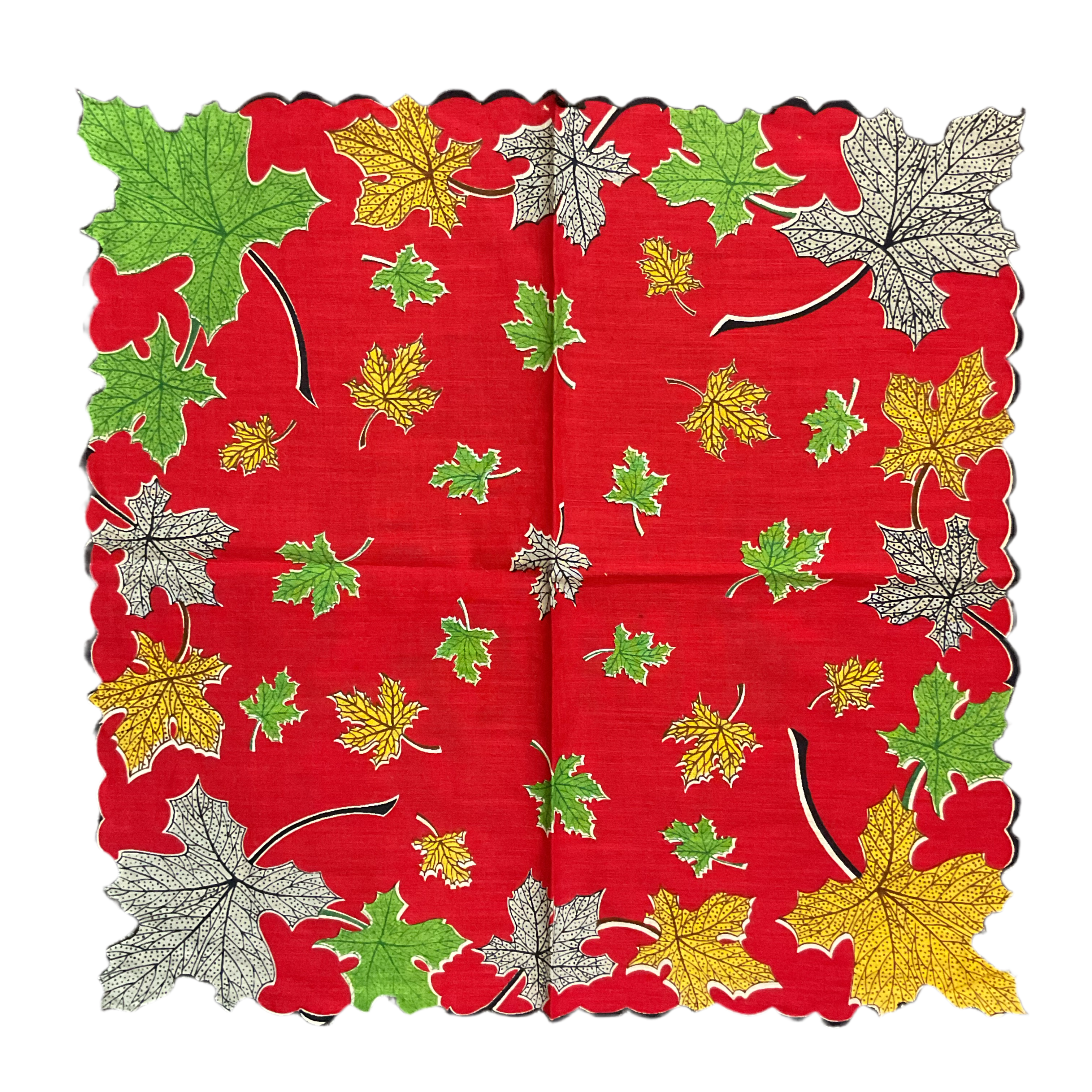 Vintage Fall Hankie Colorful Leaves on Red Autumn Handkerchief