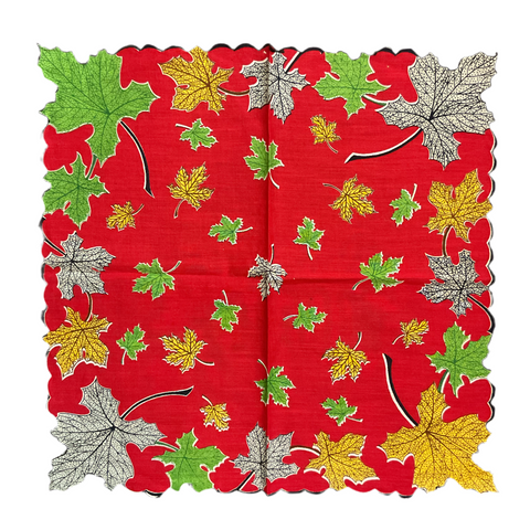 Vintage Fall Hankie Colorful Leaves on Red Autumn Handkerchief