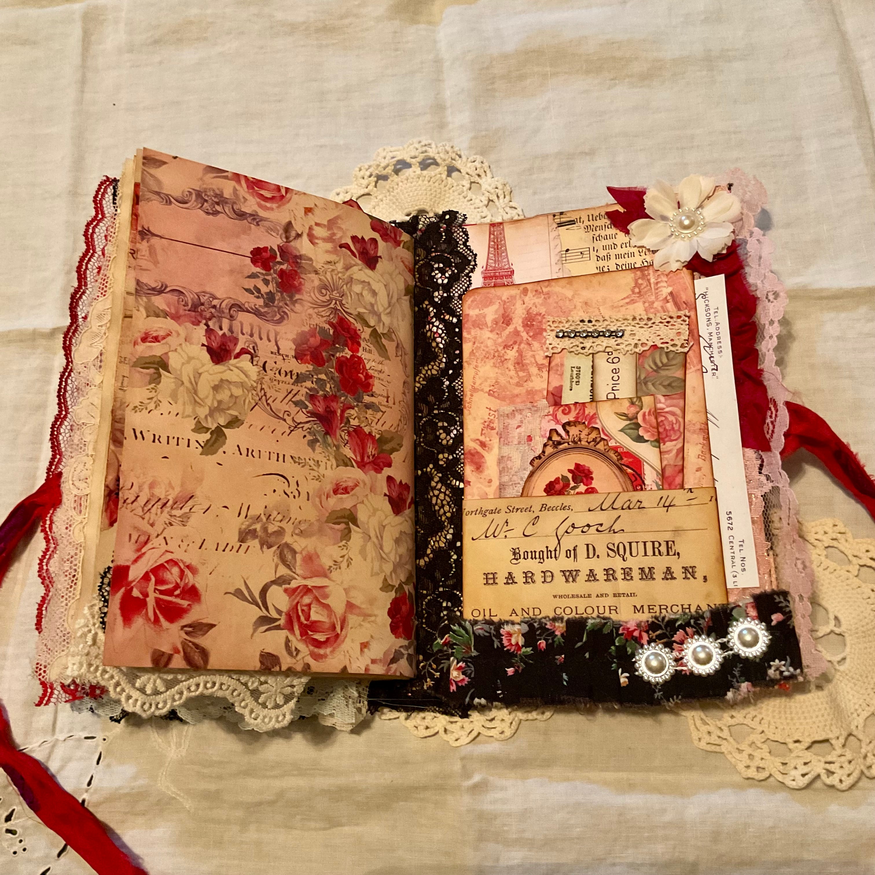 Victorian Junk Journal Handmade Red and Black Themed Tags Pockets OOAK